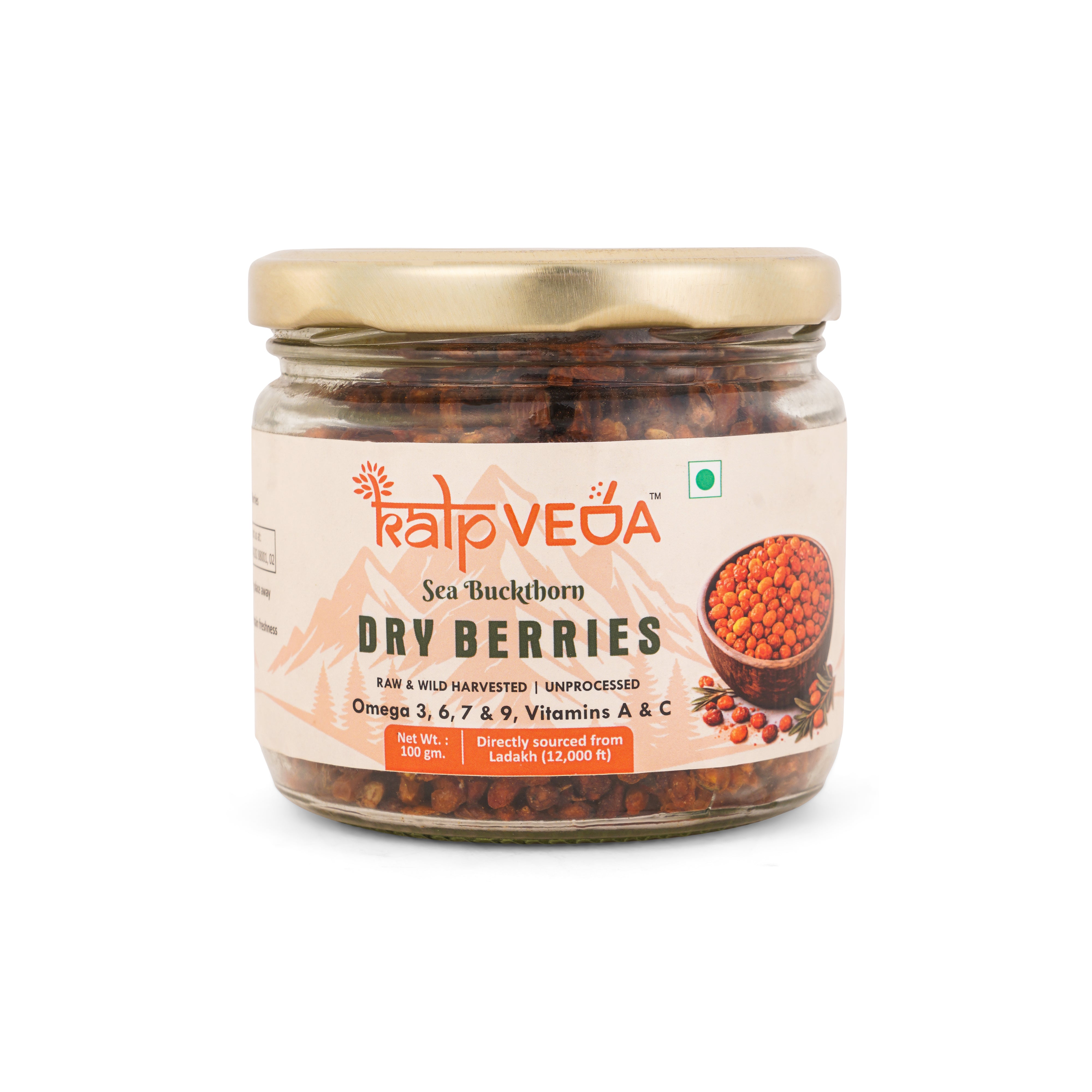 Kalpveda Himalayan Dried Sea Buckthorn Berries 100g | Vitamin C, Omega 3 6 7 9 & Antioxidants | Unsweetened Sun-Dried Wild Berries | No Added Sugar or Preservatives (Pack of 1)