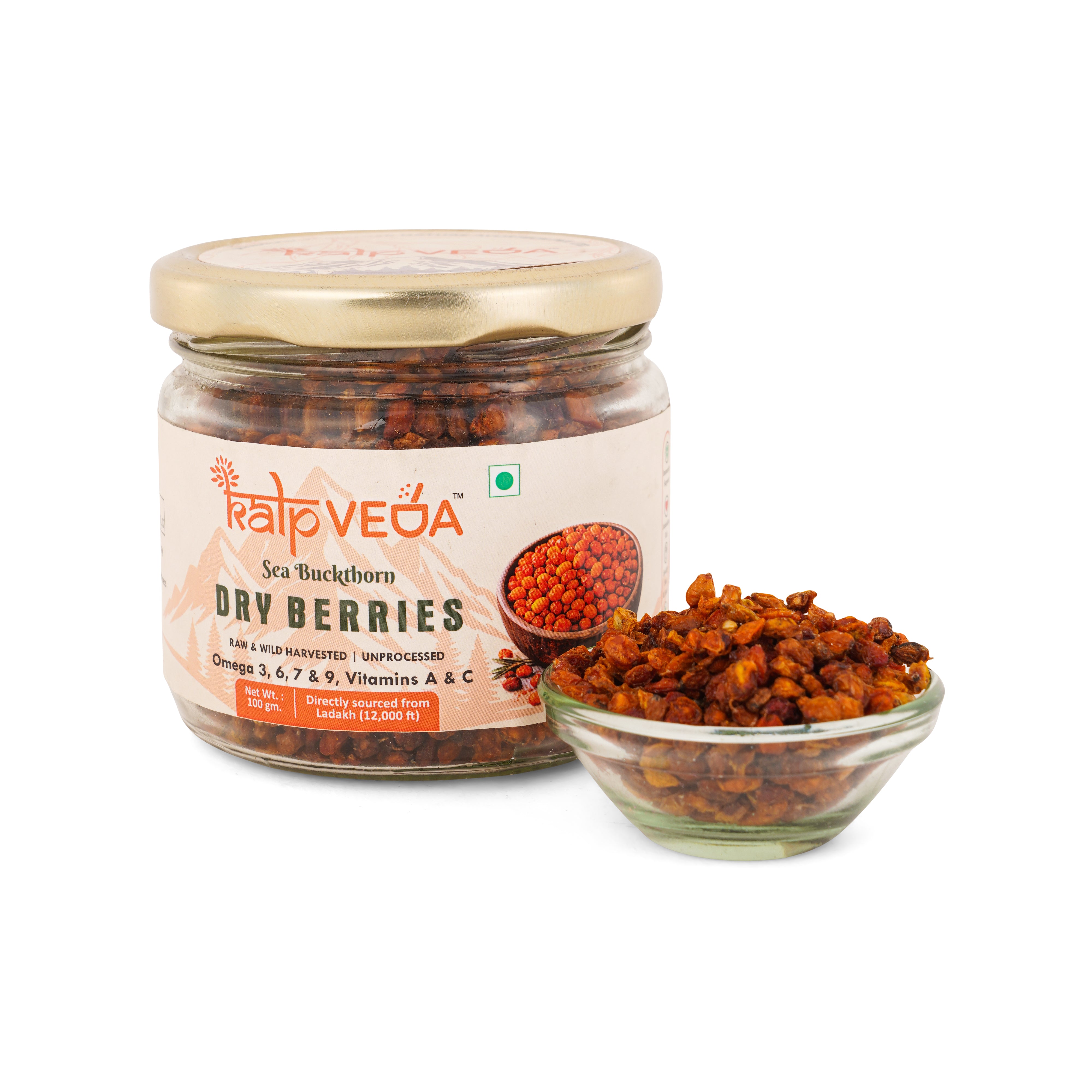 Kalpveda Himalayan Dried Sea Buckthorn Berries 100g | Vitamin C, Omega 3 6 7 9 & Antioxidants | Unsweetened Sun-Dried Wild Berries | No Added Sugar or Preservatives (Pack of 1)