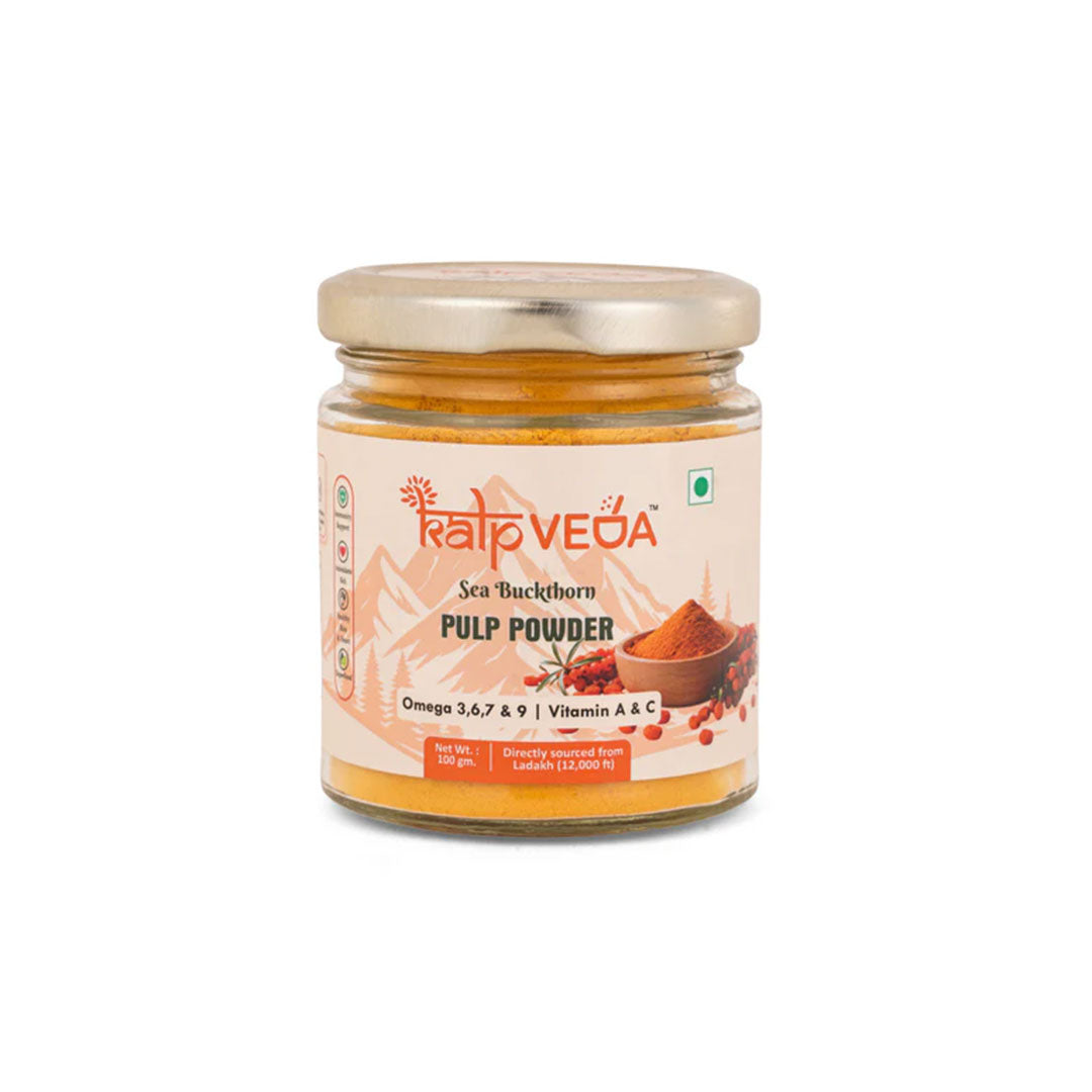 Kalpveda Himalayan Sea Buckthorn Pulp Powder 100g | Water Soluble Superfood Powder | Rich in Vitamin C, Omega 3 6 7 9 & Antioxidants | Supports Immunity, Gut & Skin Wellness (Pack of 1)