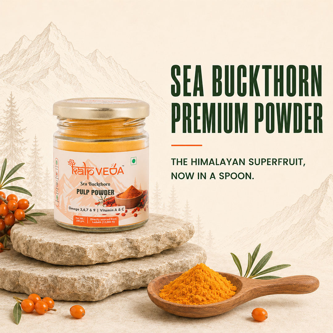 Kalpveda Himalayan Sea Buckthorn Pulp Powder 100g | Water Soluble Superfood Powder | Rich in Vitamin C, Omega 3 6 7 9 & Antioxidants | Supports Immunity, Gut & Skin Wellness (Pack of 1)