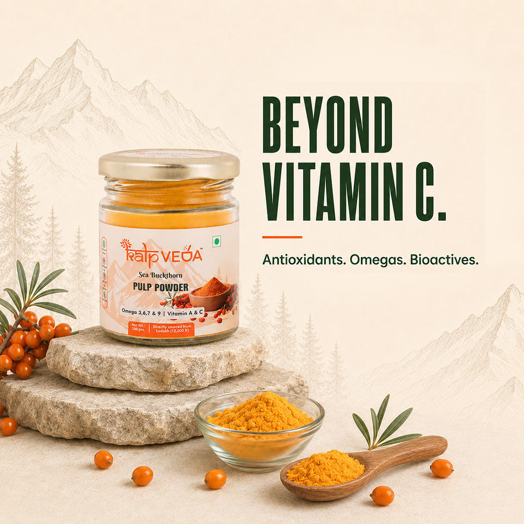 Kalpveda Himalayan Sea Buckthorn Pulp Powder 100g | Water Soluble Superfood Powder | Rich in Vitamin C, Omega 3 6 7 9 & Antioxidants | Supports Immunity, Gut & Skin Wellness (Pack of 1)