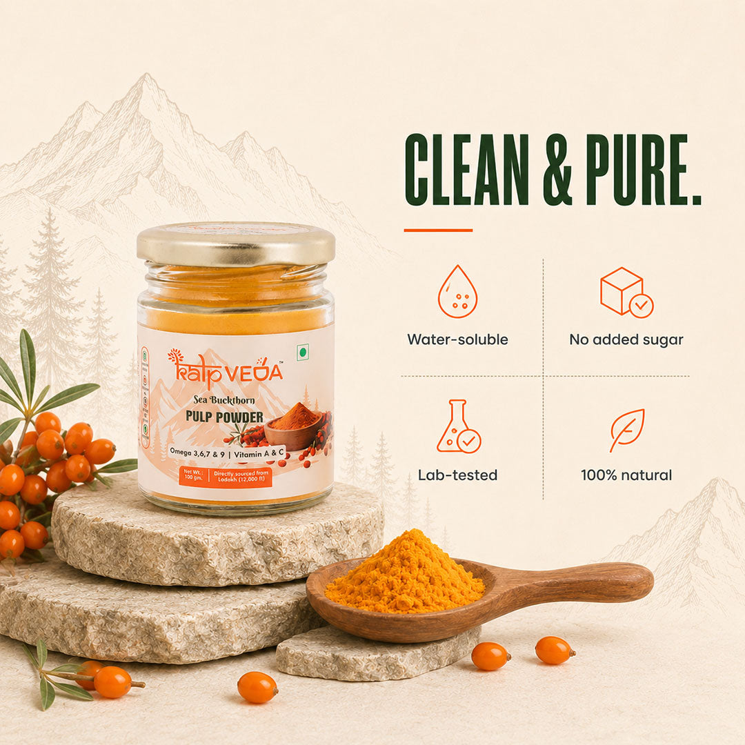 Kalpveda Himalayan Sea Buckthorn Pulp Powder 100g | Water Soluble Superfood Powder | Rich in Vitamin C, Omega 3 6 7 9 & Antioxidants | Supports Immunity, Gut & Skin Wellness (Pack of 1)
