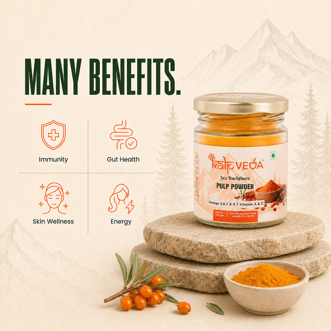 Kalpveda Himalayan Sea Buckthorn Pulp Powder 100g | Water Soluble Superfood Powder | Rich in Vitamin C, Omega 3 6 7 9 & Antioxidants | Supports Immunity, Gut & Skin Wellness (Pack of 1)