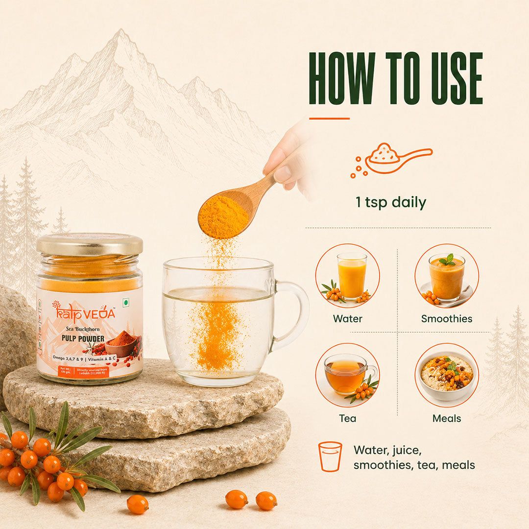 Kalpveda Himalayan Sea Buckthorn Pulp Powder 100g | Water Soluble Superfood Powder | Rich in Vitamin C, Omega 3 6 7 9 & Antioxidants | Supports Immunity, Gut & Skin Wellness (Pack of 1)