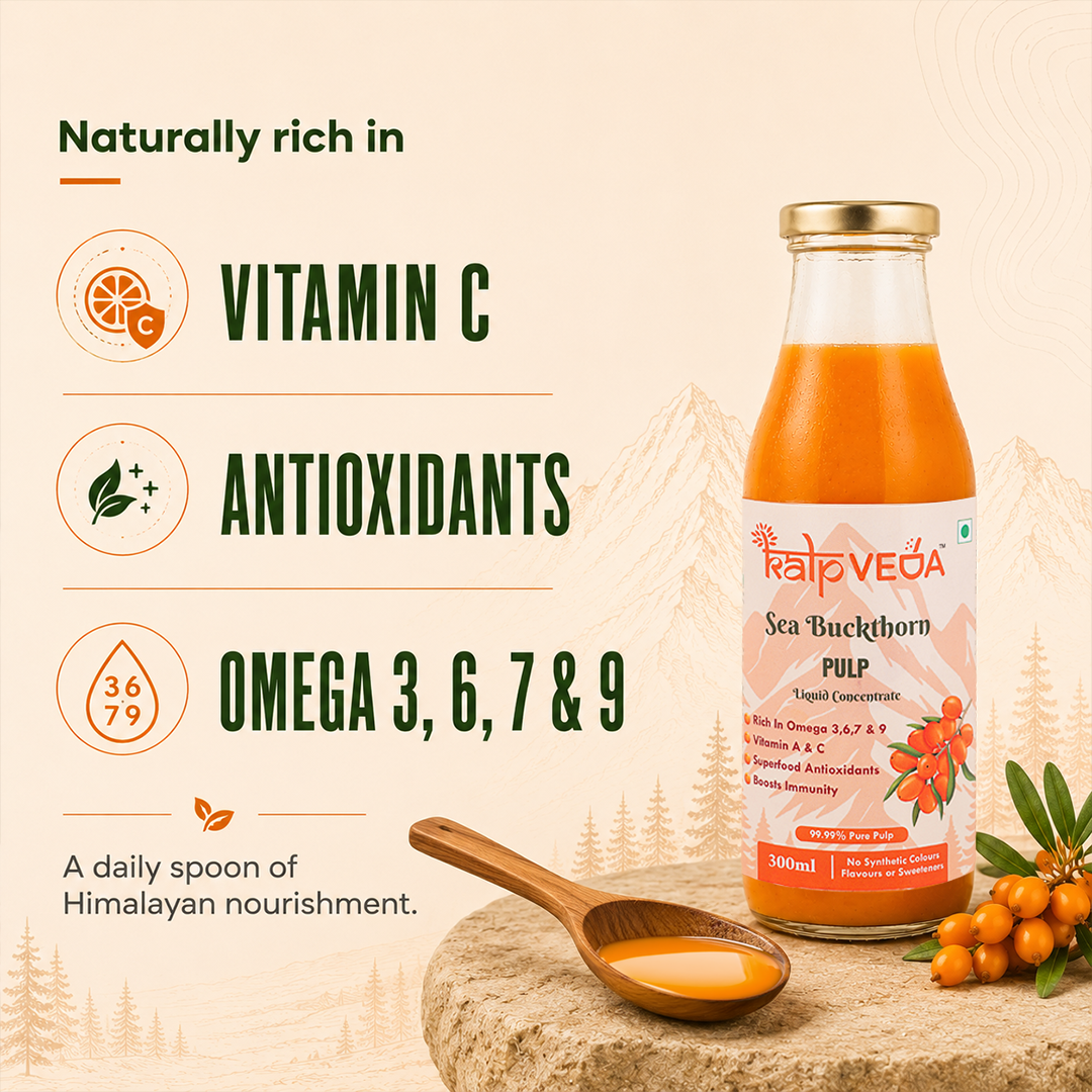 Kalpveda Himalayan Sea Buckthorn Pulp Juice 300ml | Vitamin C, Omega 3 6 7 9 & Antioxidants | Supports Immunity, Gut Health & Skin Wellness (Pack of 1)