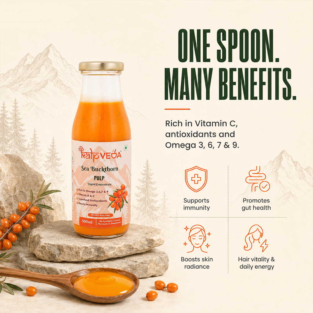 Kalpveda Himalayan Sea Buckthorn Pulp Juice 300ml | Vitamin C, Omega 3 6 7 9 & Antioxidants | Supports Immunity, Gut Health & Skin Wellness (Pack of 1)