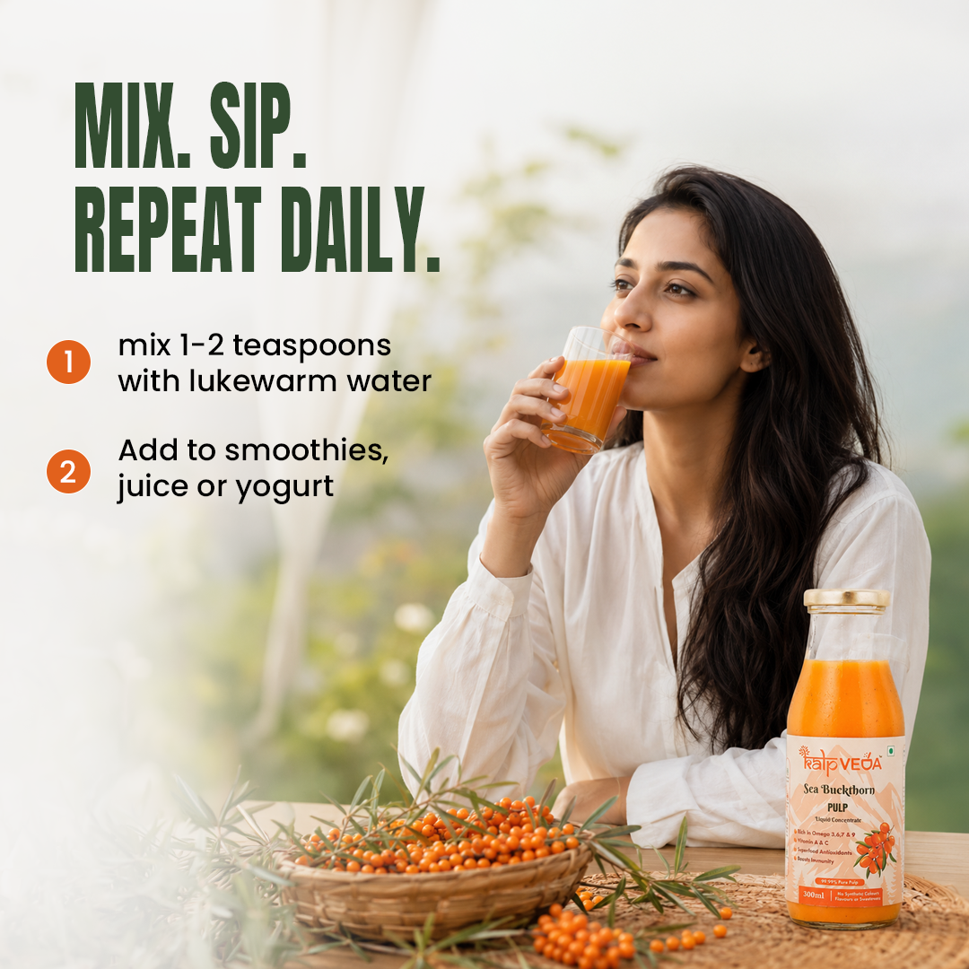 Kalpveda Himalayan Sea Buckthorn Pulp Juice 300ml | Vitamin C, Omega 3 6 7 9 & Antioxidants | Supports Immunity, Gut Health & Skin Wellness (Pack of 1)