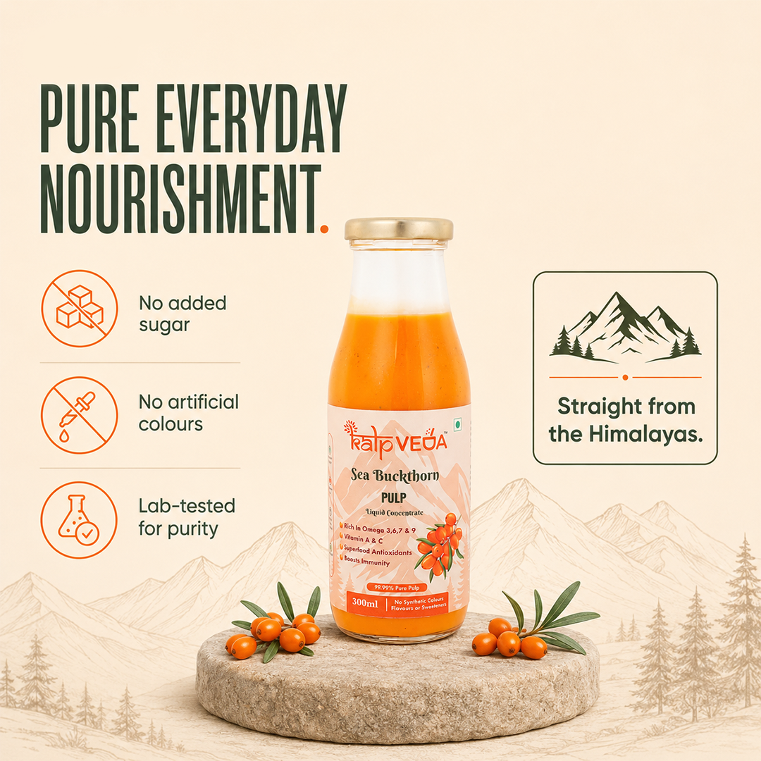 Kalpveda Himalayan Sea Buckthorn Pulp Juice 300ml | Vitamin C, Omega 3 6 7 9 & Antioxidants | Supports Immunity, Gut Health & Skin Wellness (Pack of 1)