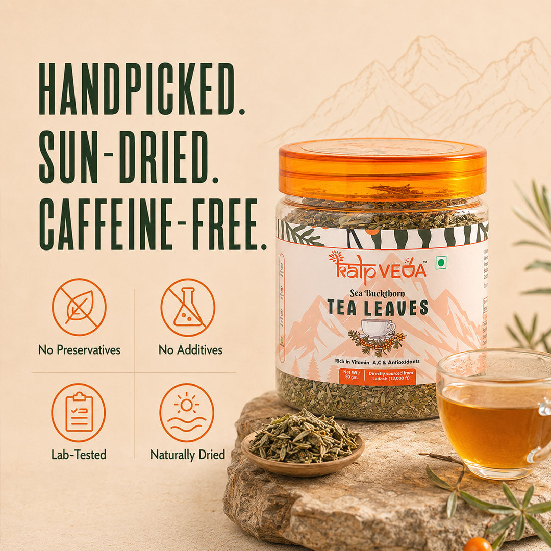 Premium Himalayan Sea Buckthorn Raw Leaves Tea 50g, Sun-Dried, Caffeine-Free Herbal Tea, Rich in Antioxidants, Vitamin C, Nutrients & Omega 7, Supports Skin Glow, Immunity & Detox